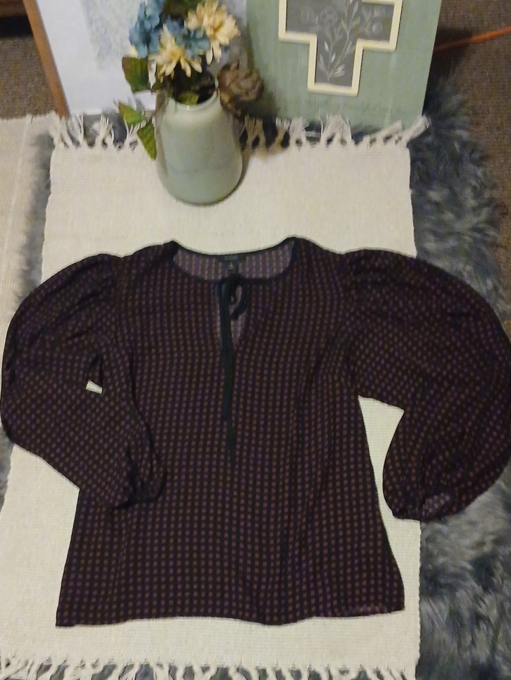Halogen Burgundy and Navy Printed Peasant Blouse with Tie Detail